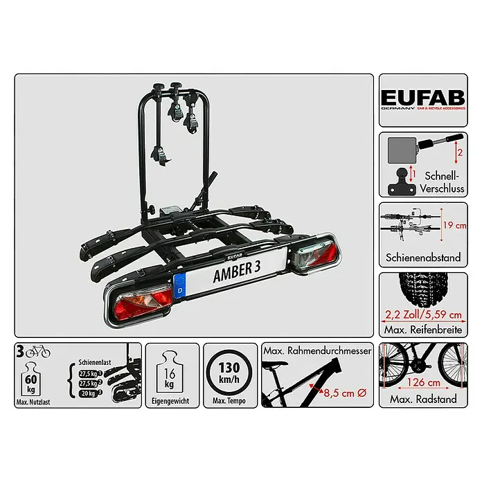 Eufab Fahrradträger Amber III - Geeignet für: 3 Fahrräder, Passend für: Fahrzeuge mit Anhängerkupplung - EUFAB Fahrradträger AMBER 3 mit technischen Daten zu Nutzlast, Eigengewicht, Geschwindigkeit, Reifengröße und Rahmendurchmesser.