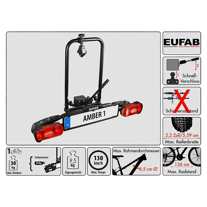 Eufab Fahrradträger Amber I - Geeignet für: 1 Fahrrad, Passend für: Fahrzeuge mit Anhängerkupplung - EUFAB Amber 1 Fahrradträger: Kompakter Träger für 2 Räder, max. 30 kg Last pro Rad, Schnellverschluss, Reifengröße bis 2,2 Zoll.