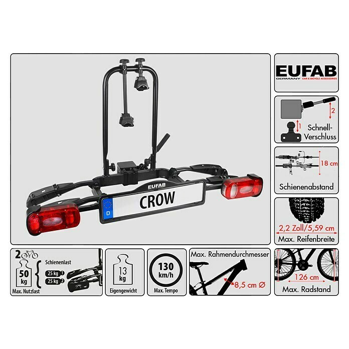 Eufab Fahrradträger CrowGeeignet für: 2 Fahrräder, Max. Ladegewicht: 50 kg, Passend für: Fahrzeuge mit Anhängerkupplung Unknown