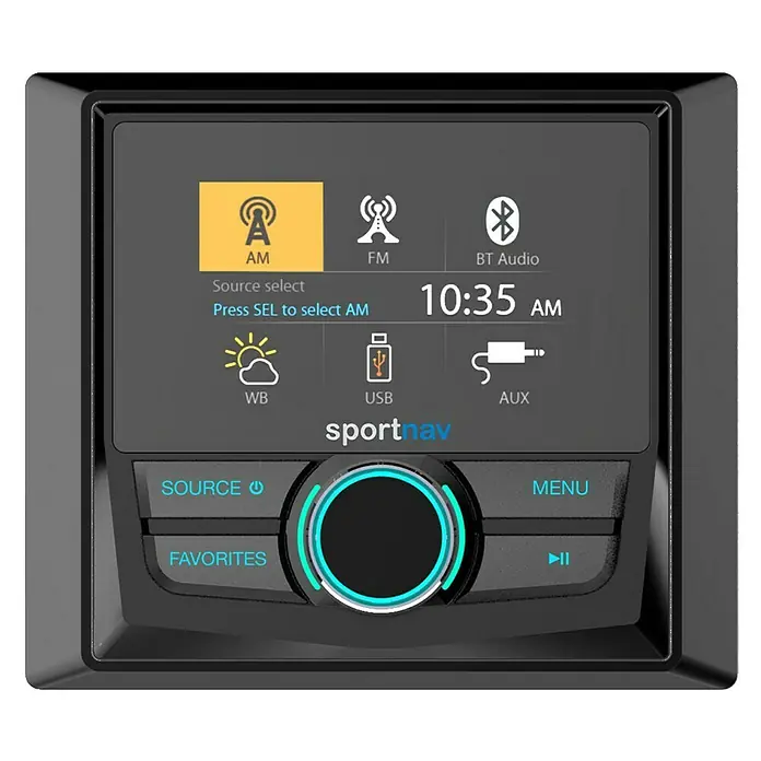 Sportnav Equipo de música marino SPOH401 - Tipo de pantalla: 3,5” TFT, 12 V - Sistema de navegación deportiva negro con pantalla táctil y diversas fuentes de audio.
