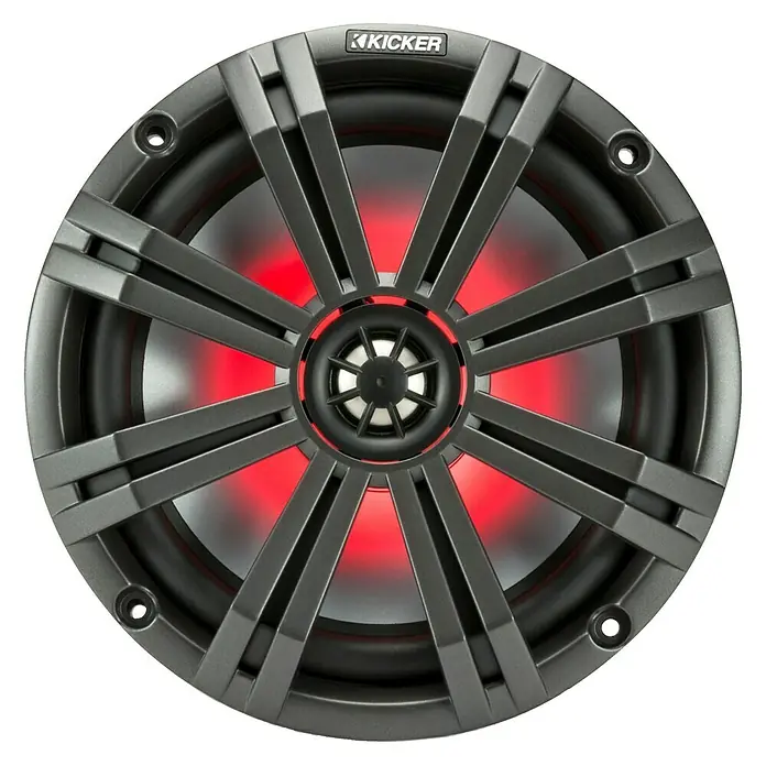 Altavoces marinos KA45KM84L - 300 W, LED - Altavoz Kicker con retroiluminación roja. El altavoz presenta un diseño robusto, ideal para su uso en automóviles o barcos.