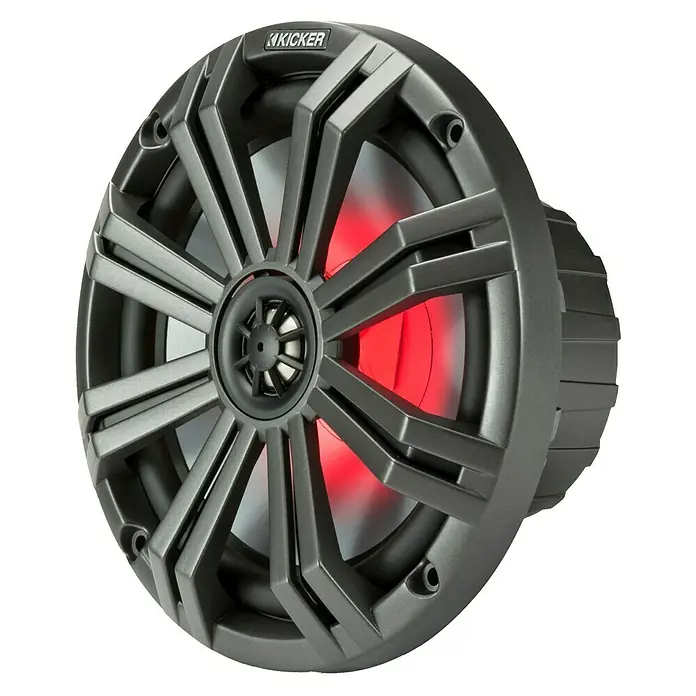Altavoces marinos KA45KM84L - 300 W, LED - Primer plano de un altavoz marino Kicker con iluminación roja y un diseño de rejilla distintivo, ideal para audio de barcos.