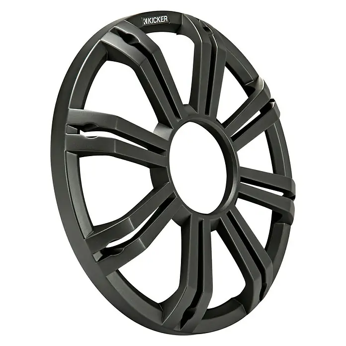 Rejilla KA45KMG10CC - Carbón, Apto para: Altavoces marinos - Primer plano de una rejilla negra de altavoz de coche KICKER, que ofrece protección y estilo.