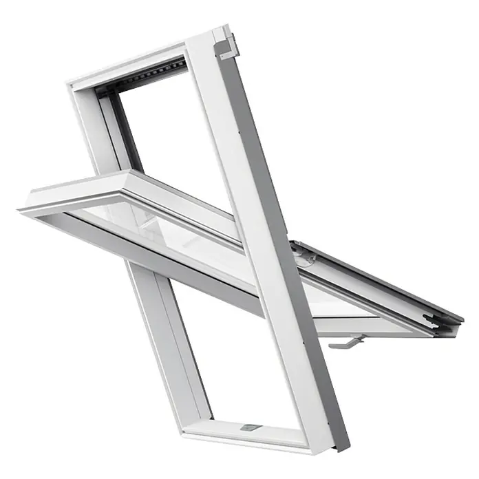Solid Elements Dachfenster Pro Thermo - 55 x 78 cm - Nahaufnahme eines geöffneten weißen Dachfensters. Das Dachfenster ist aus Holz und hat eine Isolierverglasung.