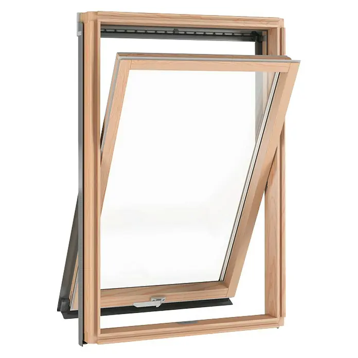 Solid Elements Dachfenster Thermo - 78 x 98 cm - Ein hölzernes Dachfenster ist leicht geöffnet, um die Belüftung zu maximieren. Dieses Fenster bietet eine stilvolle und funktionelle Lösung.