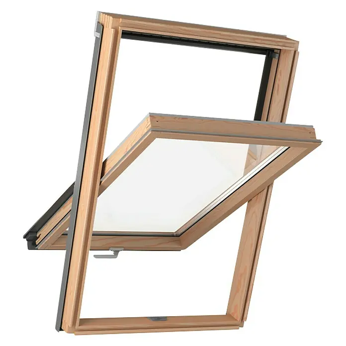Solid Elements Dachfenster Thermo - 78 x 98 cm - Ein Dachfenster mit Holzrahmen ist geöffnet und gibt den Blick nach draußen frei. Das Fenster ist eine hochwertige Ergänzung für jeden Raum.