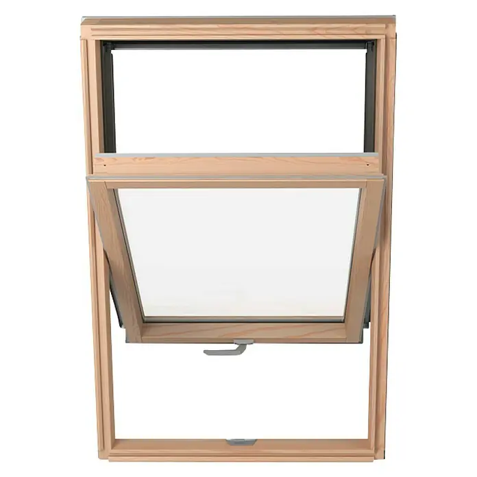 Solid Elements Dachfenster Thermo - 78 x 98 cm - Ein helles Holzfenster ist teilweise geöffnet und zeigt eine helle Innenscheibe, wobei der obere Teil geschlossen bleibt.