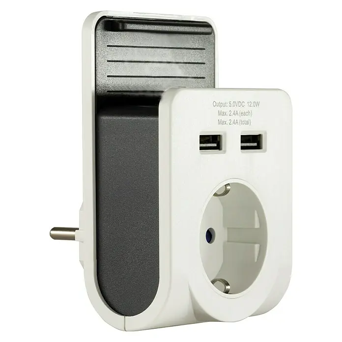 REV USB-Ladegerät Zwischenstecker - Weiß, 2 USB-Anschlüsse - Ein kompakter Reiseadapter mit USB-Anschlüssen und einer EU-Steckdose, ideal für das Aufladen von Geräten unterwegs.