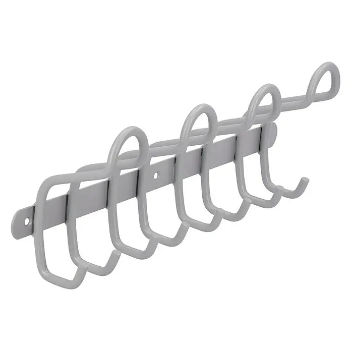 Siro Hakenleiste 1783 Aluminium - L x H: 400 x 132 mm, Anzahl Haken: 8 Stk. - Eine graue Hängegarderobe mit mehreren Haken, ideal für die Aufbewahrung von Jacken oder anderen Kleidungsstücken.