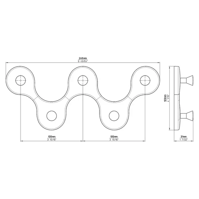 Siro Hakenleiste 01047 Reinweiß - L x H: 248 x 103 mm, Anzahl Haken: 5 Stk. - Technische Zeichnung eines Kleiderhakens mit detaillierten Maßangaben in Millimetern und Zoll.