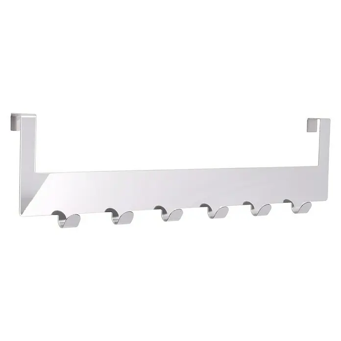 Siro Türgarderobe 1977 Metall Chrom - L x H: 375 x 100 mm, Anzahl Haken: 6 Stk. - Eine glänzende, silberne Türgarderobe mit sechs Haken zum Aufhängen von Kleidung und Accessoires.
