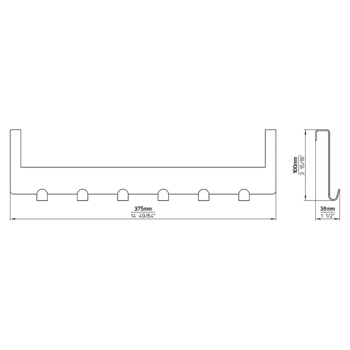 Siro Türgarderobe 1977 Metall Chrom - L x H: 375 x 100 mm, Anzahl Haken: 6 Stk. - Produktdarstellung: Ein Wandregal mit Hakenleiste und Maßen, ideal für Küche oder Bad zur Aufbewahrung von Utensilien.