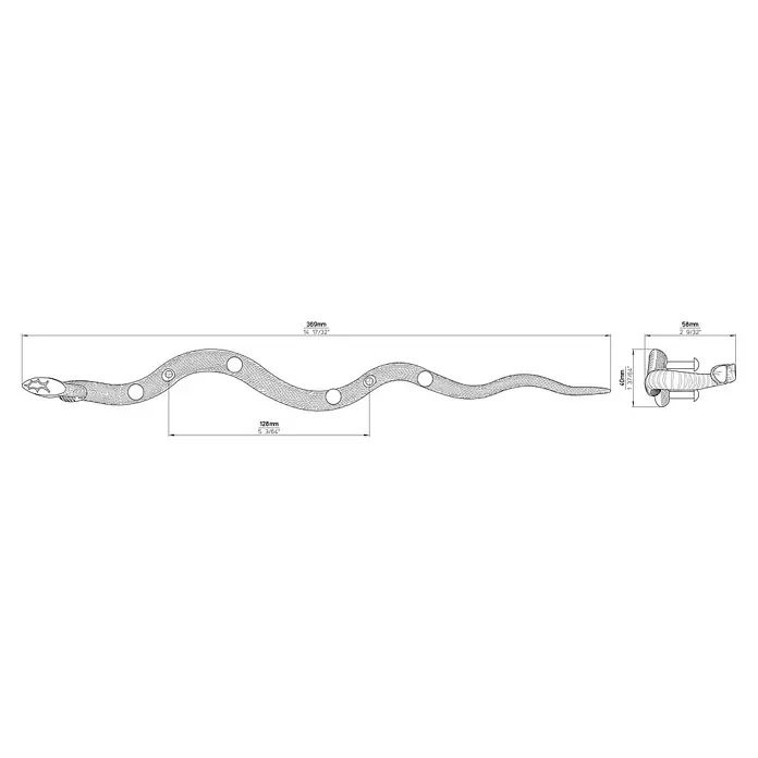 Siro Hakenleiste 2088 Chrom - L x H: 369 x 40 mm, Anzahl Haken: 4 Stk. - Eine grafische Darstellung eines Spielzeugs in Schlangenform mit den Maßen 369mm Länge, 58mm Breite und 40mm Höhe, illustriert auf weißem Grund.