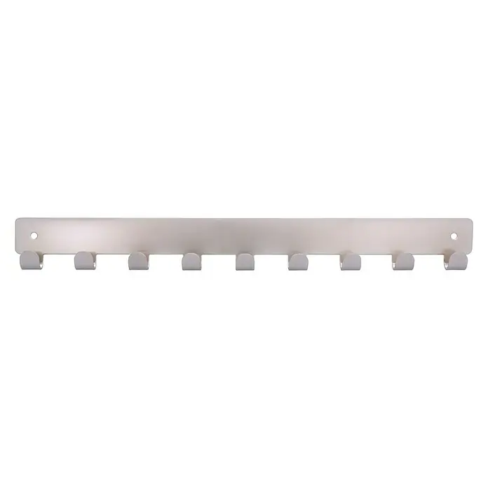 Siro Hakenleiste - L x H: 366 x 41 mm, Anzahl Haken: 9 Stk., Vernickelt - Eine silberne Garderobenleiste mit acht Haken zur Aufbewahrung von Jacken und anderen Kleidungsstücken für mehr Ordnung im Raum.