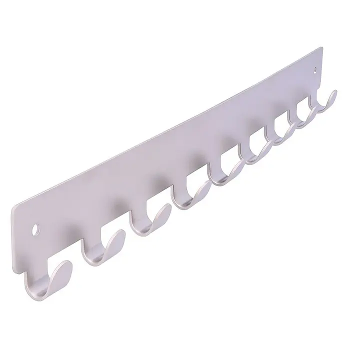 Siro Hakenleiste - L x H: 366 x 41 mm, Anzahl Haken: 9 Stk., Vernickelt - Wandgarderobe mit acht Haken aus robustem Aluminium für Jacken, Mäntel und Accessoires, ideal für Flur oder Bad.