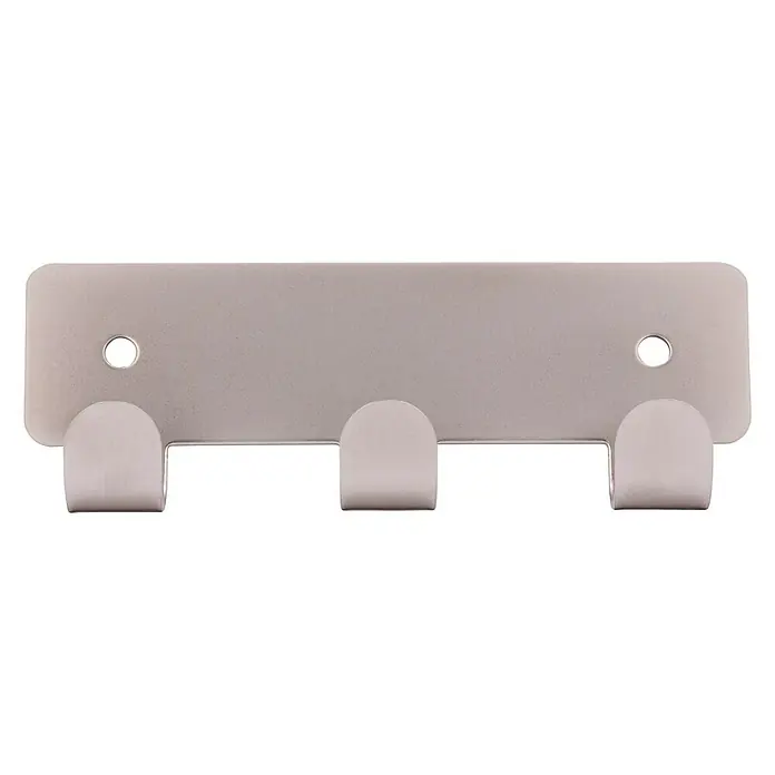 Siro Hakenleiste - L x H: 114 x 41 mm, Anzahl Haken: 3 Stk., Vernickelt - Silberner Wandhaken mit drei Haken und zwei Bohrlöchern zur Befestigung an der Wand für Mäntel, Hüte oder Handtücher.
