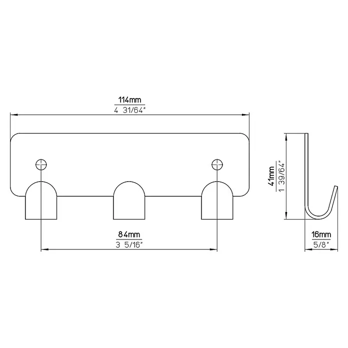 Siro Hakenleiste - L x H: 114 x 41 mm, Anzahl Haken: 3 Stk., Vernickelt - Eine technische Zeichnung einer Wandgarderobe mit drei Haken und Maßangaben in Millimetern und Zoll.