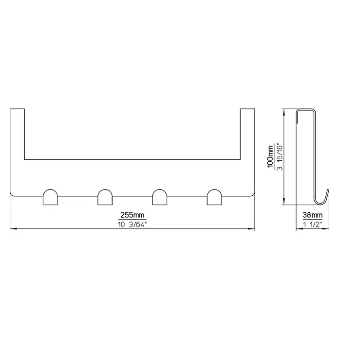 Siro Türgarderobe - L x H: 255 x 100 mm, Vernickelt - Technische Zeichnung eines Hängeorganizers mit Abmessungen.
