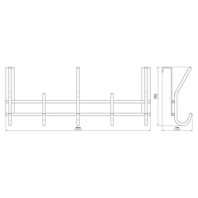 Siro Türgarderobe 2257 Edelstahl - L x H: 340 x 151 mm, Anzahl Haken: 5 Stk. - Produktskizze einer modernen Türgarderobe mit Haken für zusätzlichen Stauraum.