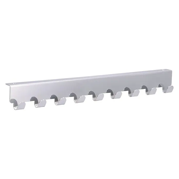 Siro Türgarderobe 2303 - L x H: 366 x 41 mm, Anzahl Haken: 9 Stk., Verchromt - Ein silberner Werkzeughalter mit mehreren Haken für eine ordentliche Aufbewahrung von Werkzeugen und Geräten an der Wand.