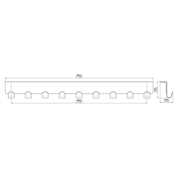 Siro Türgarderobe 2303 - L x H: 366 x 41 mm, Anzahl Haken: 9 Stk., Vernickelt - Technische Zeichnung einer Kleiderstange mit mehreren Haken und Maßangaben in Millimetern und Zoll für die Konstruktion.