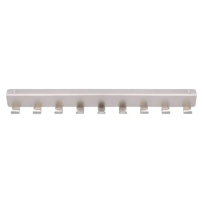 Siro Türgarderobe 2303 - L x H: 366 x 41 mm, Anzahl Haken: 9 Stk., Vernickelt - Eine silberne Kleiderstange mit mehreren Haken zum Aufhängen von Kleidung, ideal für eine ordentliche Aufbewahrung.