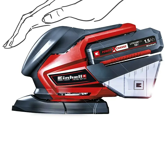 Einhell PXC 18V Multilijadora de batería TE-OS 18/150 Li - Solo - 18 V, Sin batería, Iones de litio, 24.000 r.p.m. - Lijadora orbital inalámbrica roja y negra con batería y caja de polvo, con mano esbozada.