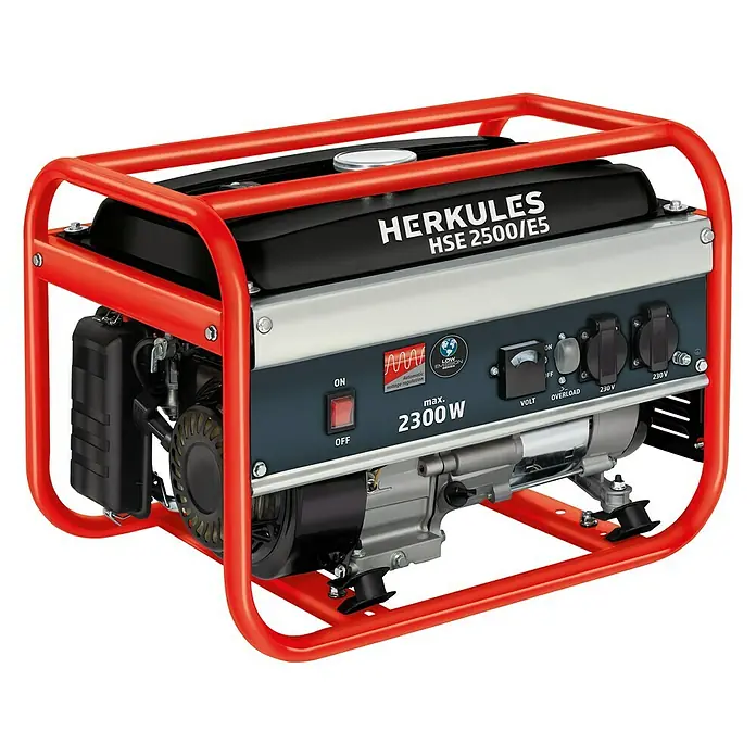 Herkules Stromerzeuger HSE 2500/E5 - Tankvolumen: 15 l, 2,3 kW - Abbildung eines Herkules HSE 2500/E5 Stromerzeugers mit rotem Rahmen, der für zuverlässige Stromversorgung konzipiert wurde.