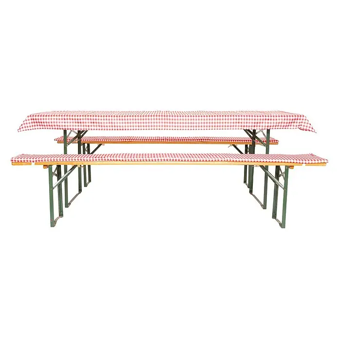 Bierbankauflagen-Set - Rot/Weiß, 240 x 70 cm, 100 % Polyester, 3 -tlg. - Biergartengarnitur mit rot-weiß karierter Tischdecke und Sitzbezügen. Das Set besteht aus einem Tisch und zwei Bänken mit Metallgestell.