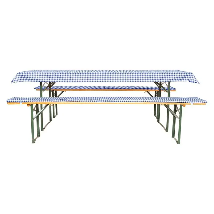 Bierbankauflagen-Set - Blau/Weiß, 240 x 70 cm, 100 % Polyester, 3 -tlg. - Das Bild zeigt eine Biertischgarnitur mit blau-weiß karierten Bezügen. Die Tischgarnitur besteht aus einem Tisch und zwei Bänken.