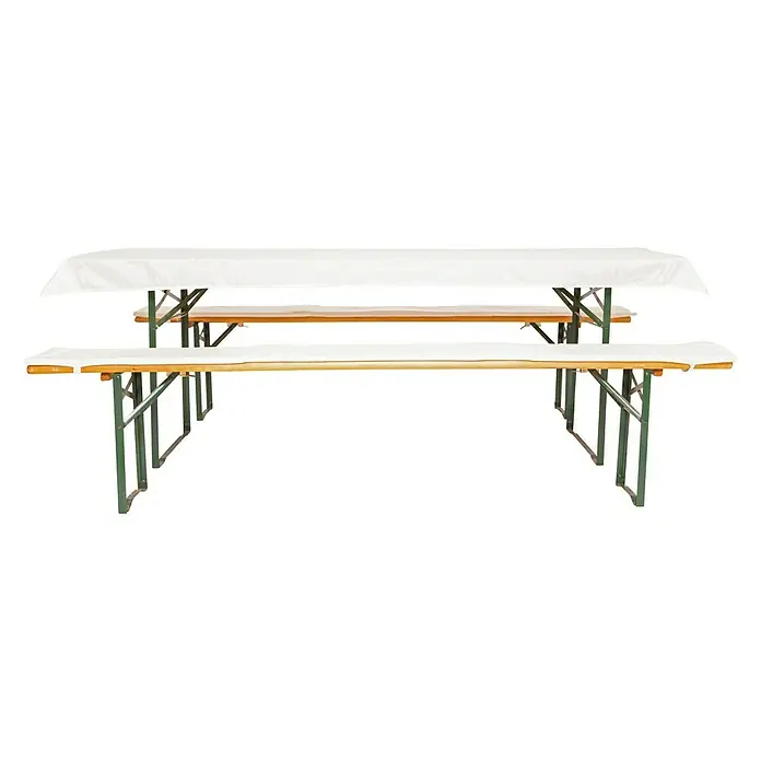 Bierbankauflagen-Set - Creme, 240 x 70 cm, 100 % Polyester, 3 -tlg. - Das Bild zeigt eine Bierbankgarnitur mit einer weißen Husse. Die stabilen Tische und Bänke sind ideal für Feste und Veranstaltungen.