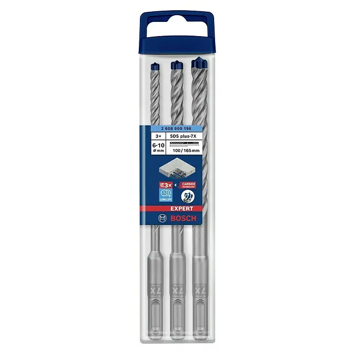 Bosch Expert Set de brocas -7X - Idoneidad de material: Hormigón, Diámetro de la broca: 10 mm, 3 pzs. - Un juego de tres brocas de martillo Bosch Expert SDS plus-7X en un paquete transparente.