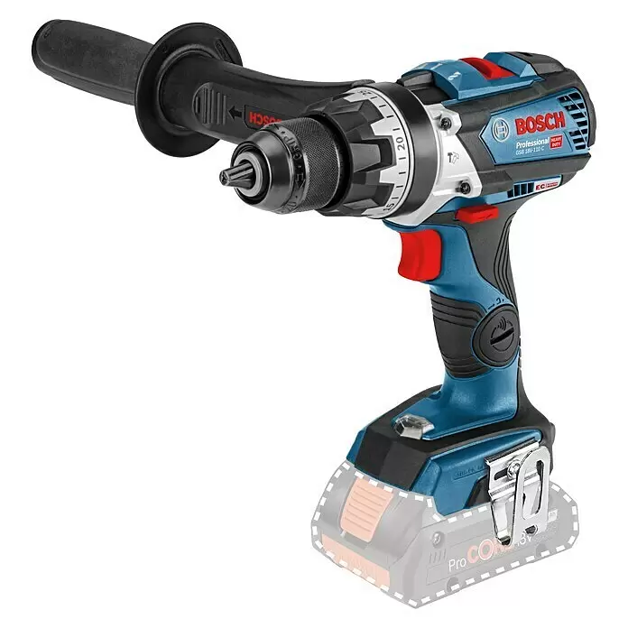 Bosch Professional AMPShare 18V Taladro atornillador percutor de batería GSB 18V-110 C - 18 V, Sin batería, 110 Nm, Con maletín - Taladro percutor inalámbrico Bosch Professional azul y negro con portabrocas plateado y detalles rojos, con mango lateral desmontable.