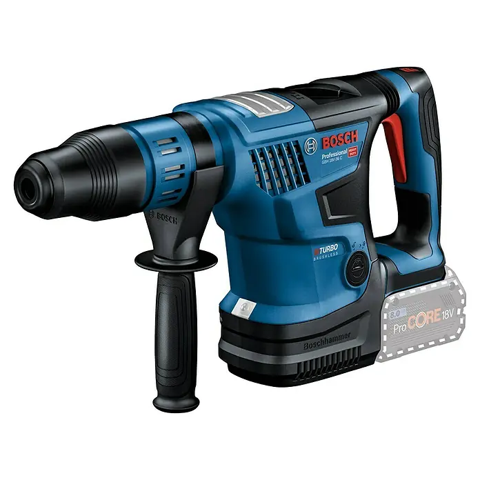 Bosch Professional AMPShare 18V Akku-Kombihammer GBH 18V-36 C - 18 V, Ohne Akku, 7 J - Akku-Bohrhammer GBH 18V-36 C von Bosch Professional, mit blauem Gehäuse, Zusatzhandgriff und 18V ProCore Akku für kabelloses Arbeiten.