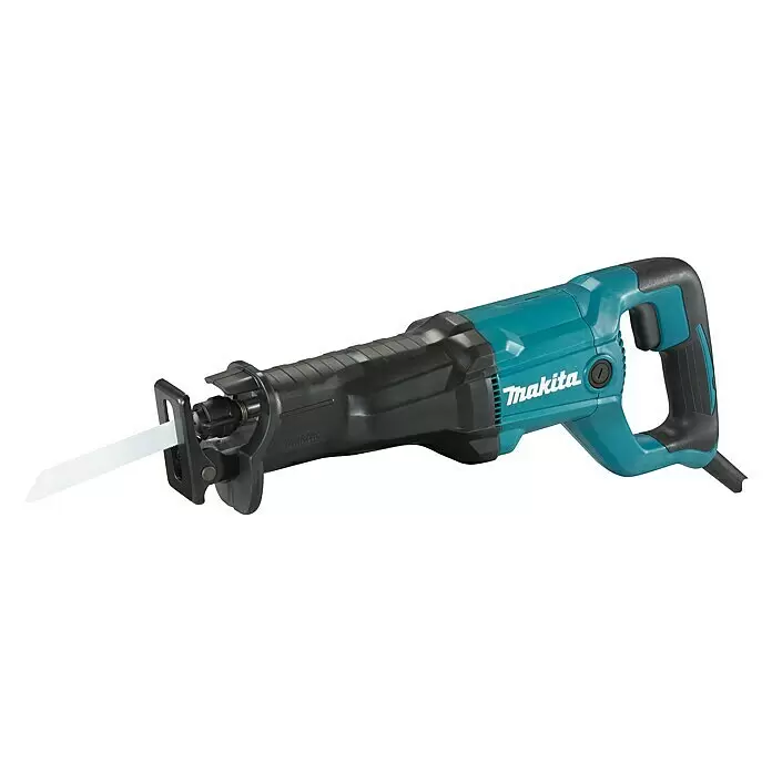 Makita Sierra de sable JR3051TK - 1.200 W, Longitud de carrera: 30 mm - Sierra de sable Makita turquesa y negra con una hoja blanca.