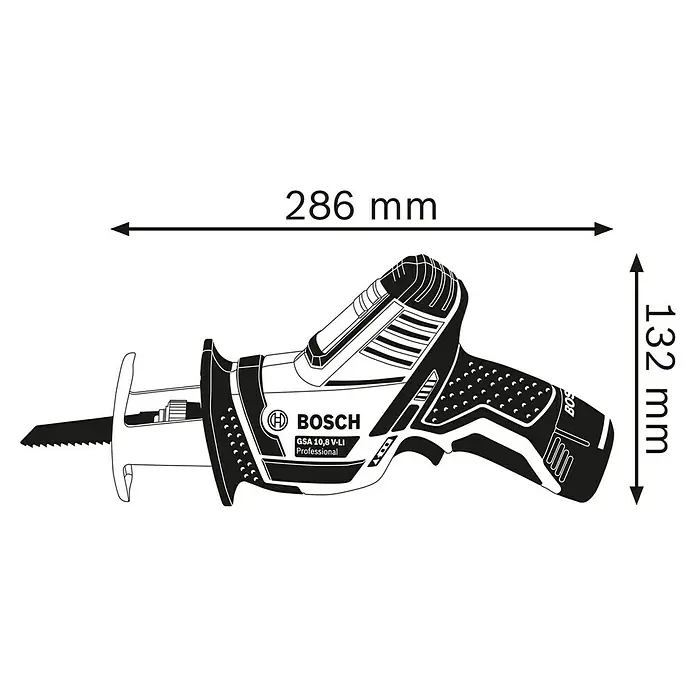 Bosch Professional Sierra de sable de batería GSA 12V-14 - 12 V, Iones de litio, 2 baterías, 3 Ah - Ilustración de una sierra de vaivén profesional Bosch GSA 10,8 V-LI que muestra sus dimensiones.