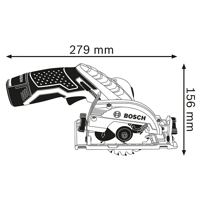 Bosch Professional Akku-Handkreissäge GKS 12V-26 - 12 V, 2 Akkus, 3 Ah, Leerlaufdrehzahl: 1.400 U/min - Abbildung einer Bosch Akku-Handkreissäge mit Maßangaben zur Veranschaulichung der Abmessungen.