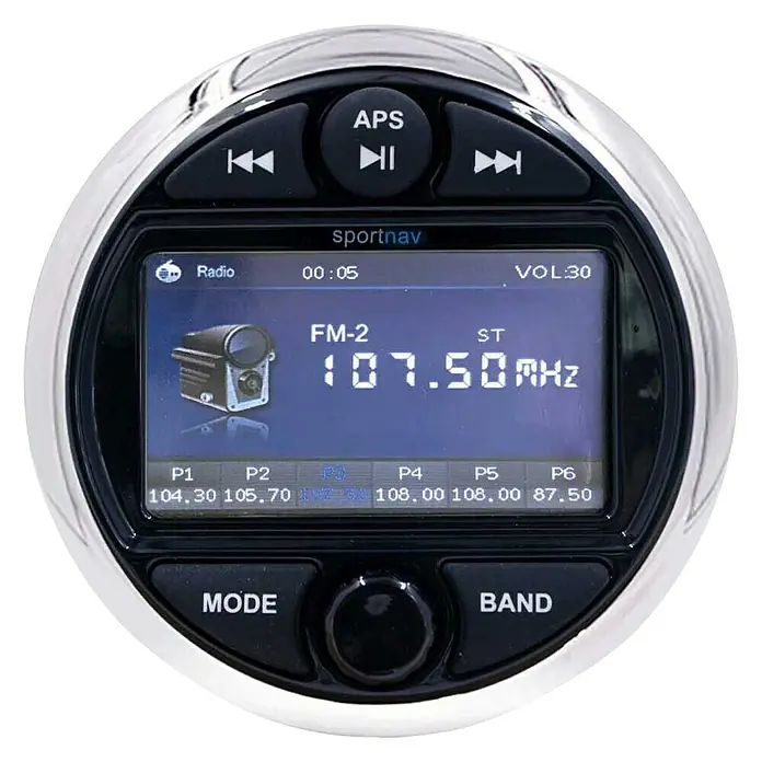 Sportnav Equipo de música marino SPOH301 - Tipo de pantalla: 3,5” TFT, 12 V - Un primer plano de una radio de navegación deportiva redonda que cuenta con pantallas digitales y varios botones para controlar funciones.
