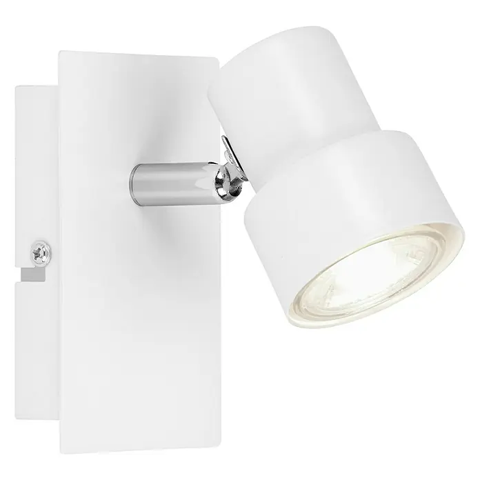 Briloner Foco de pared LED Rock - 5 W, L x An x Al: 80 x 120 x 120 mm, Blanco, Blanco cálido - Primer plano de un moderno aplique de pared blanco con foco ajustable y detalles cromados, que emite una luz brillante.
