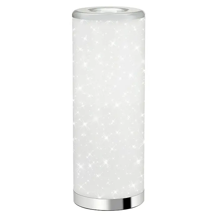 Brilo Lámpara de sobremesa LED redonda Estrellas - 5 W, Ø x Al: 131 x 350 mm, Blanco, Blanco cálido - Lámpara de mesa brillante: Una lámpara cilíndrica elegante con detalles plateados y un diseño brillante.
