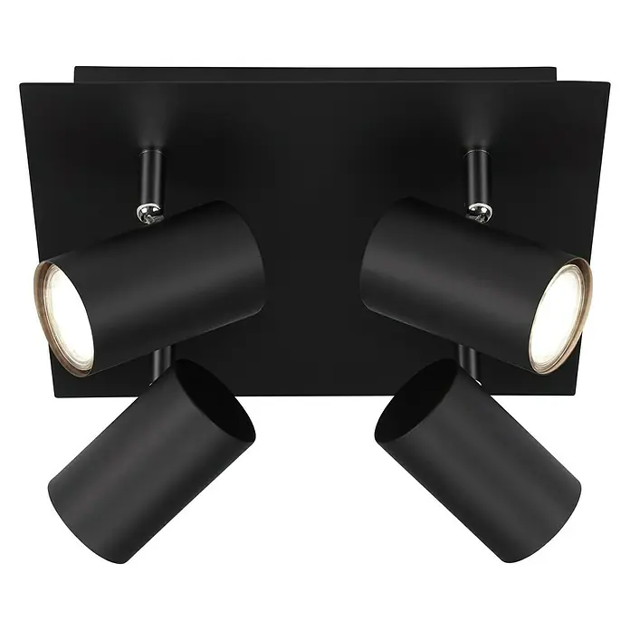 Briloner Regleta Run - 40 W, 4 ud., L x An x Al: 123 x 265 x 265 mm, Negro, GU10 - Plafón cuadrado con cuatro focos negros que proporcionan luz. Diseño moderno para interiores.