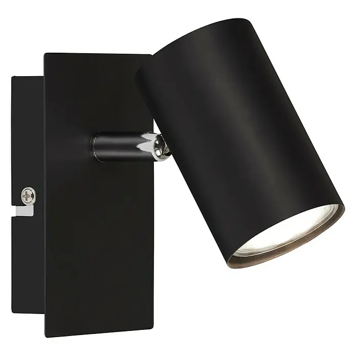 Briloner Foco de pared Run - 40 W, L x An x Al: 80 x 120 x 123 mm, Negro, GU10 - Una toma de primer plano muestra un elegante aplique de pared negro mate con un foco ajustable para una iluminación enfocada.