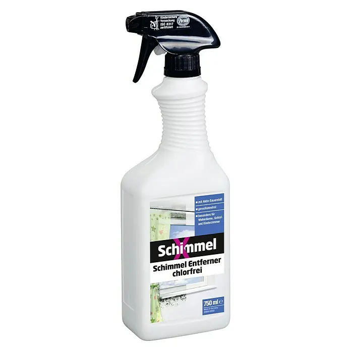 SchimmelX Schimmel-Entferner Chlorfrei - 750 ml, Flasche - Bild einer Sprühflasche Schimmelentferner mit chlorfreier Formel, ideal für Wohn-, Schlaf- und Kinderzimmer.