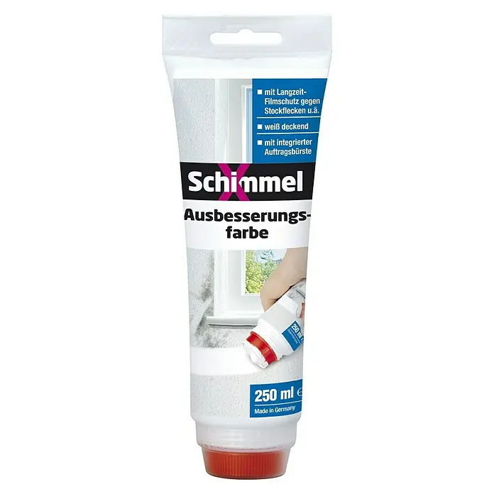 SchimmelX Ausbesserungsfarbe - Weiß - Abbildung einer Tube Schimmelentferner-Farbe, 250ml, mit integrierter Bürste, zur Ausbesserung von Schimmelflecken.
