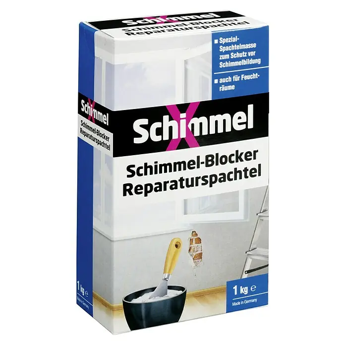 SchimmelX Füllspachtel Reparaturspachtel - Weiß, 1 kg - Produktfoto eines "Schimmel" Schimmel-Blocker Reparaturspachtel, ein Produkt zur Schimmelbeseitigung und Reparatur, mit 1 kg Inhalt.