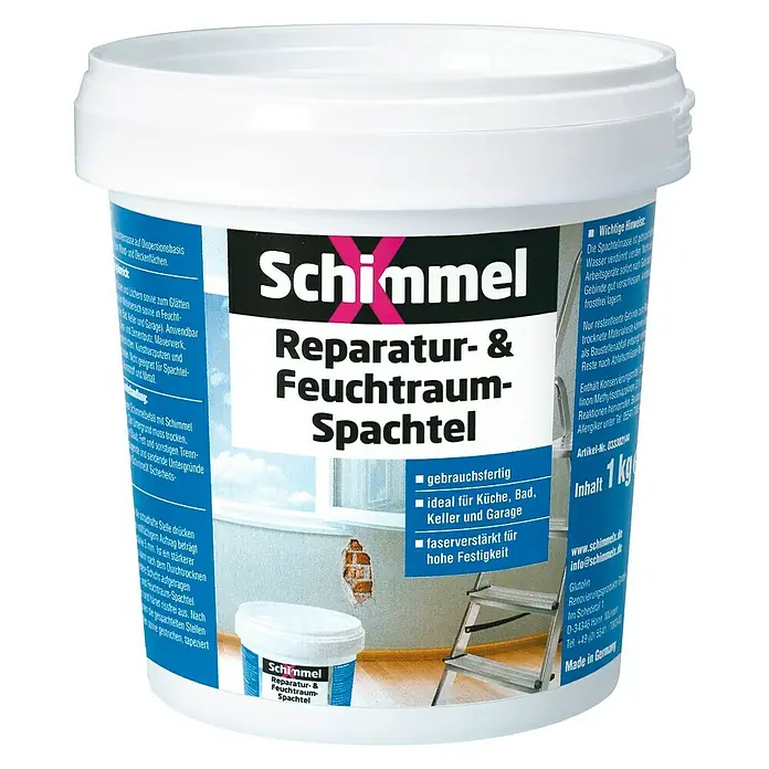 SchimmelX Reparaturspachtel Feuchtraum-Spachtel - 1 kg - Produktbild eines Eimers Schimmel Reparatur- & Feuchtraumspachtel, ideal für die Reparatur von Feuchtigkeits- und Schimmelschäden.