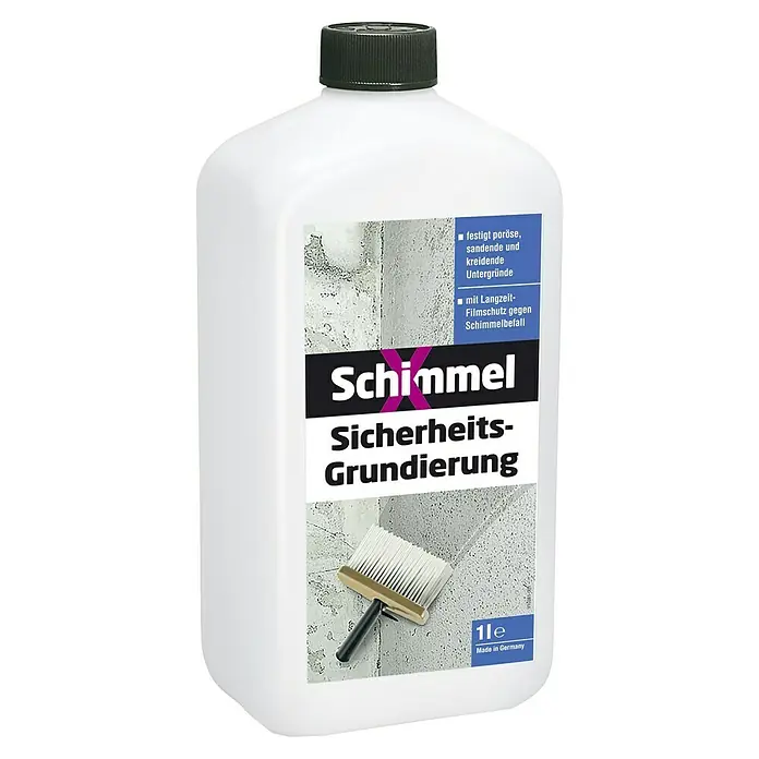 SchimmelX Grundierung Sicherheits-Grundierung - 1 l - Schimmelschutz-Grundierung in einer weißen 1L Flasche mit dunklem Deckel. Geeignet für poröse Untergründe und mit Langzeit-Filmschutz.