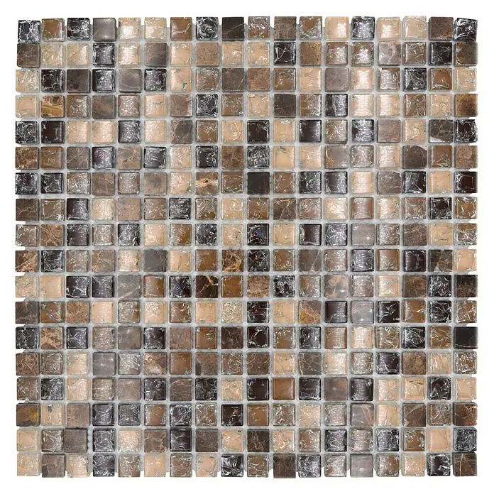 Mosaikfliese Quadrat Crystal Mix XIC 1055 - 30,5 x 30,5 cm, Dunkelbraun, Glänzend - Mosaikfliesen mit verschiedenen Braun-, Beige- und Grautönen für stilvolle Wand- und Bodenverkleidungen.
