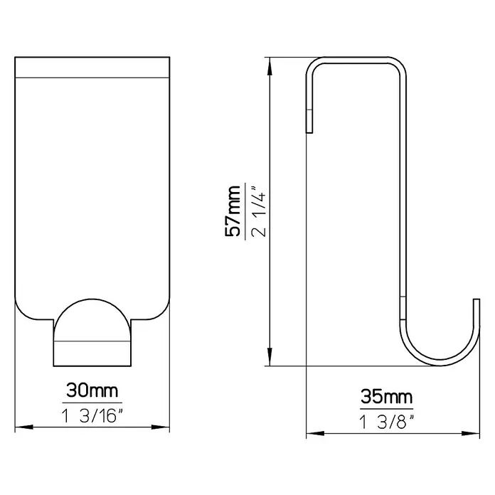 Siro Garderobenhaken - L x B x H: 60 x 32 x 30 mm, Stahl - Technische Zeichnung eines Wandhalters mit den Maßen 57mm Höhe und 30mm Breite mit einem Haken von 35mm Tiefe.