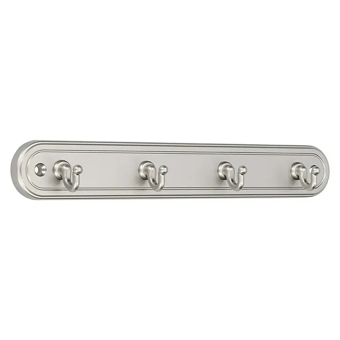Siro Schlüsselbrett - L x H: 240 x 36 mm, Kunststoff - Eine silberne Garderobenleiste mit vier Haken, ideal für Badezimmer oder Flur, bietet praktische Aufhängemöglichkeiten und stilvolles Design.